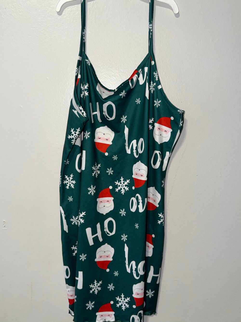 Green Santa Snowflake Slip Dress Spaghetti Straps Ho Ho Ho Print Lettuce Hem